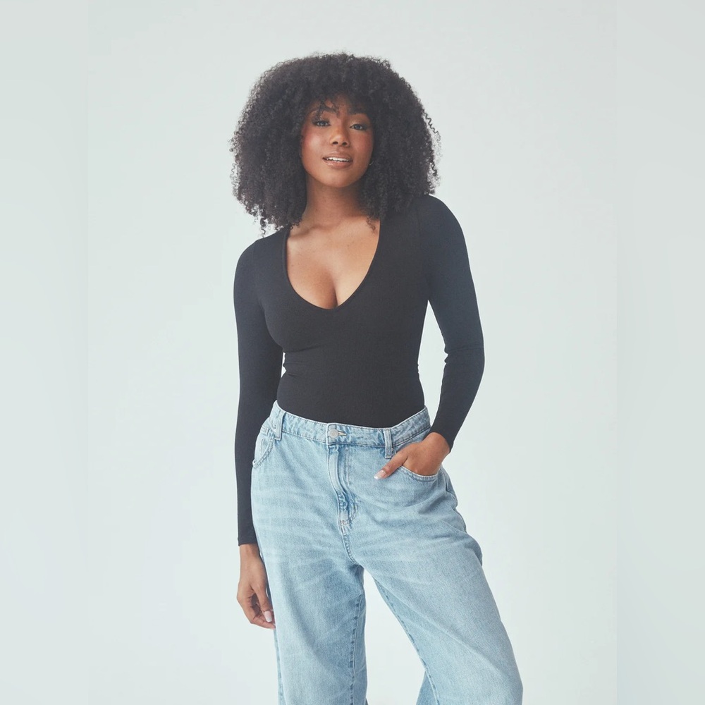Deep V Long Sleeve Bramisuit - Black - M